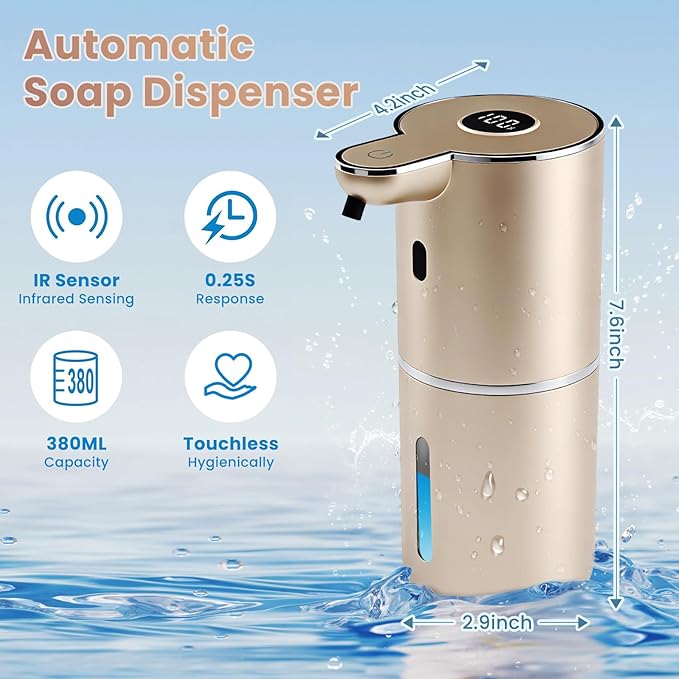 Automatic Soap Dispenser, Touchless Liquid Soap Dispensers, USB Rechargeable, 6-Level Adjustable Volume Control, 12.8oz/380ml, Wall Mount for Kitchen, Bathroom, Free Stickers (Champagne Gold)