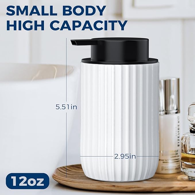 Ceramic Foaming Hand Soap Dispenser 2Pack，12 oz Bathroom Soap Dispensers， Lotion Dispenser for Kitchen, Refillable Matte Streaks Soap Dispenser with Large Pump (White-2Pack)