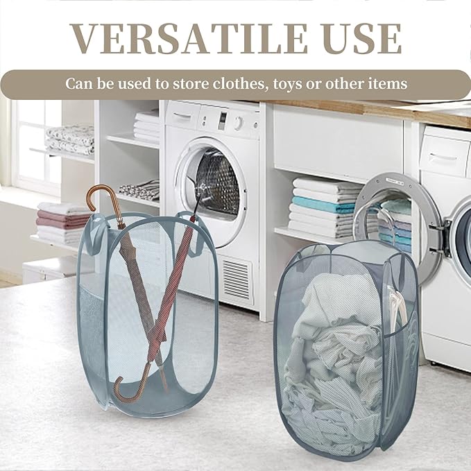 Reinforced Collapsible Laundry Baskets, 3Pcs High-Strength Mesh Pop Up Laundry Hamper, Foldable Clothes Hamper with Handles and Side Pocket for Laundry Room Dorm, Vertical