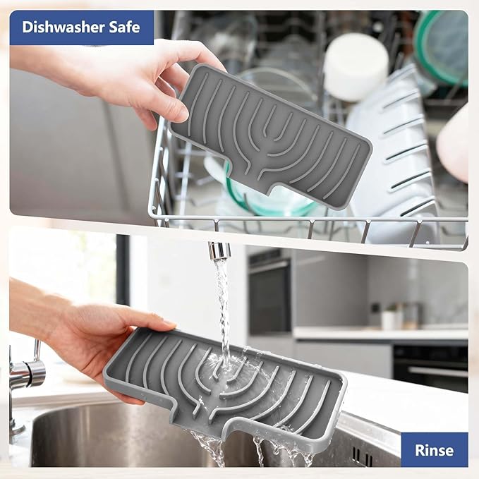Silicone Sponge Holder for Kitchen Sink With Drain Spout, Self Draining, 10×4 inch Kitchen Soap Tray, Bathroom Organizer, Sink Caddy, Perfect for Dispenser, Scrubber, Bottle, Cup on Counter (Gray)