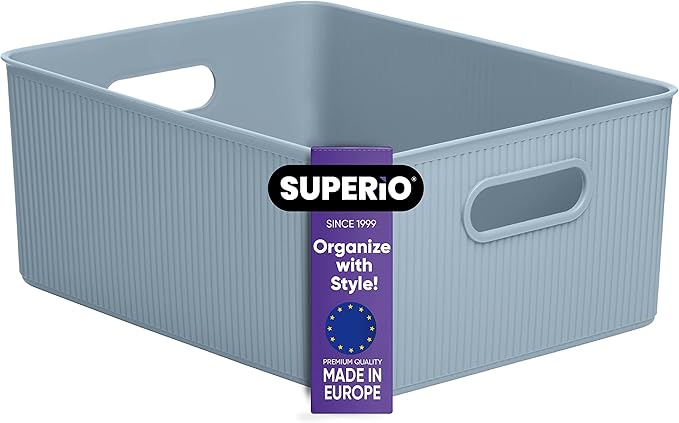 Superio Ribbed Collection - Decorative Plastic Basket Open Home Storage Bins Organizer, Large Blue (1 Pack) Container Boxes for Organizing Closet Storage Bins for Shelves 15 Liter/16 Quart