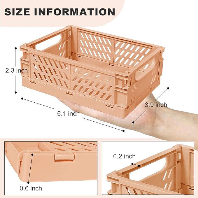 Pastel Plastic Storage Baskets 2 Pack, Collapsible Crates for Organizing, Space-Saving Bins for Kitchen, Office, Bedroom (Orange, Small: 5.8"x 3.8" x 2.2")