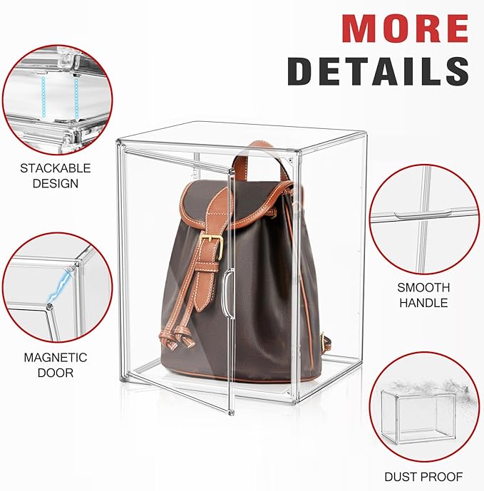 4 Pack XXX-Large Clear Purse Organizers for Closets 17.7"x13"x13" Acrylic Display Case Clear Shoes Storage Box Stackable Handbag Storage Organizers Helmet Display Cabinet Storage Bins with Lid
