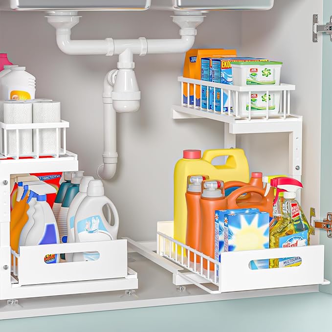 Under Sink Organizer, 2-Tier Premium Metal Pull-Out Racks with Adjustable Height, Heavy Duty Sliding Bin for Bathroom and Kitchen Cabinet Storage, Rust Resistant 2 Pack