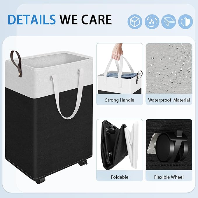 HomeHacks Laundry Basket with Wheels, Rolling Laundry Hamper, Collapsible & Waterproof Clothes Hamper, Narrow Corner Bins with Extended Handles for in the Family & Dorm 90L, Black