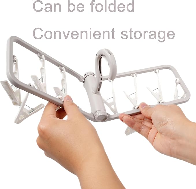 Foshine Clothes Drying Racks 2 Pack Grey Colour Small Folding Portable Underwear Hangers with 12 Clips 360° Rotatable Hook for Socks Drying Towels Bras Baby Clothes Gloves Plast