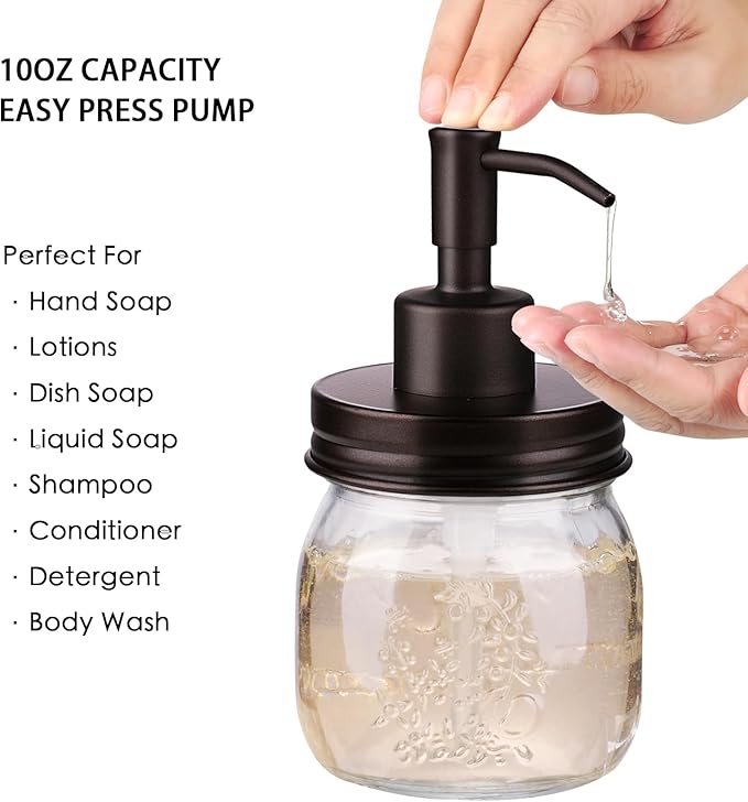 Amolliar Mason Jar Bathroom Accessories Set 4 Pcs -Lotion Soap Dispenser & 2 Qtip Holders & Toothbrush Holder - Rustic Farmhouse Decor, Bathroom Home Decor (Bronze)