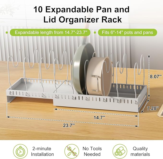 Pots and Pans Organizer Under Cabinet with Drain Board, Expandable Pot Lid Organizer inside Cabinet Holder with 10 Adjustable Compartment, Rack for Cutting Board, Sheet Pan, Cookware, White