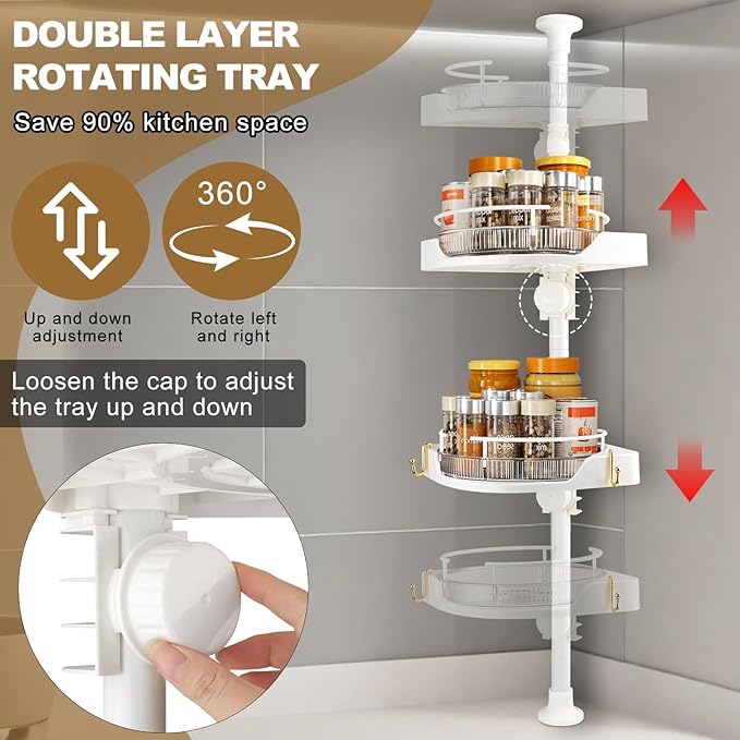 2-Tier Corner Spice Rack Organizer – 360° Rotatable, 19.68-43.5" Height Adjustable, 11LBS Load-Bearing with Hooks – Space-Saving for Kitchen Counter/Cabinet Gaps, Tame Seasoning Clutter (White)