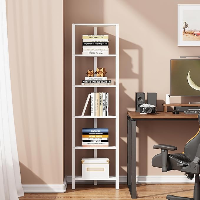 TUTOTAK 6-Tier Corner Bookshelf,Corner Shelf for Small Space, Narrow Display Corner Shelf Stand with Storage Rack, for Living Room, Bedroom, White BS05BW006