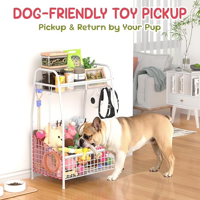 Indestructible Medium Dog Toy basket, Toy Box for Dogs,Pet Toys Bin Dog Metal Wire Basket for Toys, Food Storage, Storage Organizer Chest Storage, Toy Box for Living Room Area (White)