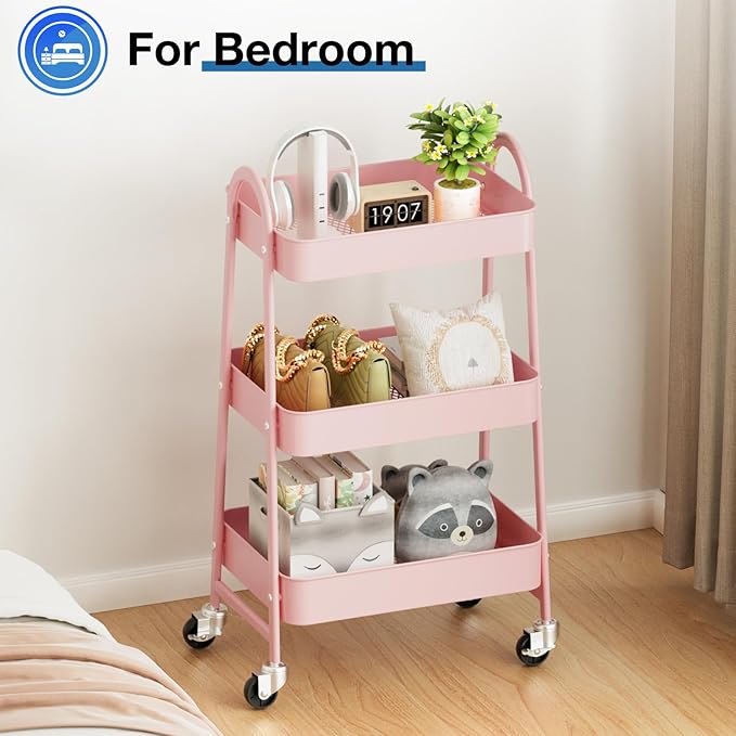 OLIXIS 3 Tier Utility Rolling Cart, Metal Mobile Storage Shelf with Lockable Caster Wheels, Organization for Livingroom, Bathroom & Narrow Places, Pink