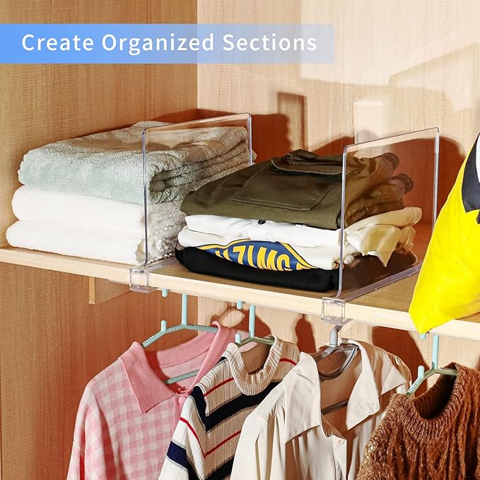 FQDAYANM Adjustable Closet Shelf Dividers 8 Pack - Acrylic Vertical Organizer for Cabinets, Kitchen, Pantry (Clear)