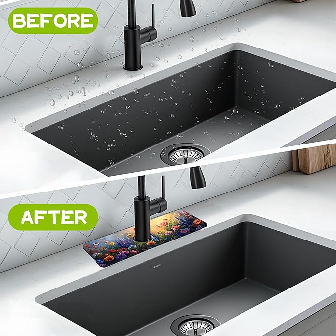 Kitchen Sink Splash Flowers Bees in the Garden Guard Faucet Mat Super Absorbent Fast Drying Mat Guard Behind Faucet Drip Catcher for Kitchen Bathroom, 15.5"X5.5"