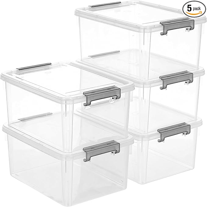 Citylife 17 QT Plastic Storage Bins with Lids Large Stackable Storage Containers for Organizing Clear Storage Box for Garage,Closet,Clear White,5 Packs
