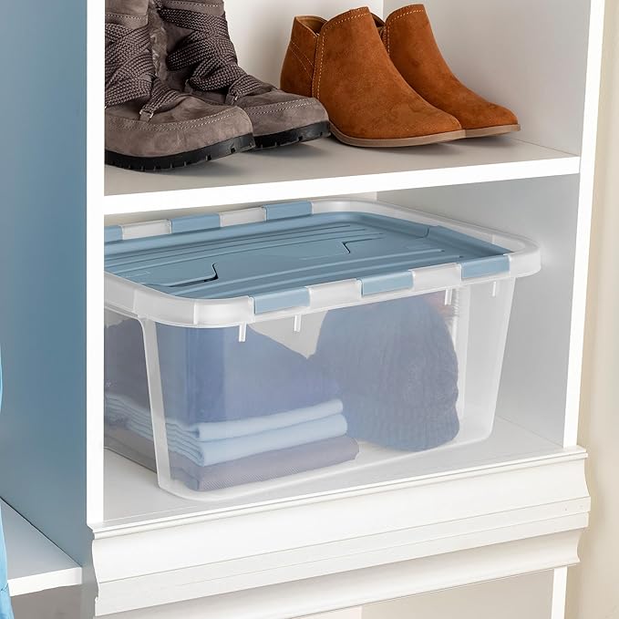 Sterilite 24 Pack Hinged Lid Storage Box, 20 Qt Plastic Container, Washed Blue - Home Organizer Tote for Storing Shoes, Crafts, Clothing, or Decor