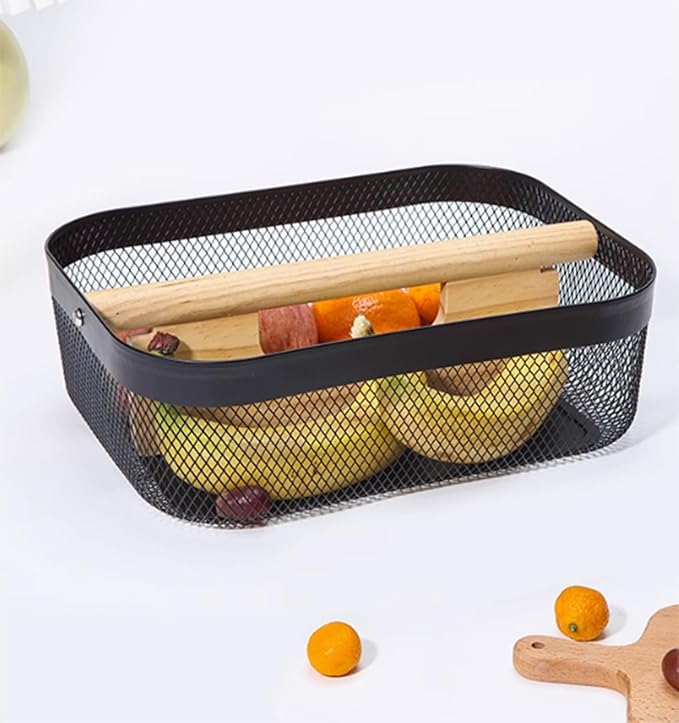 Metal Mesh Steel Storage Basket, Garden Harvest Wire Organizer Basket Multi-functional Kitchen Fruit Basket with Wooden Removable Partition & Handle for Bathroom Picnic Decor Cabinet, Black