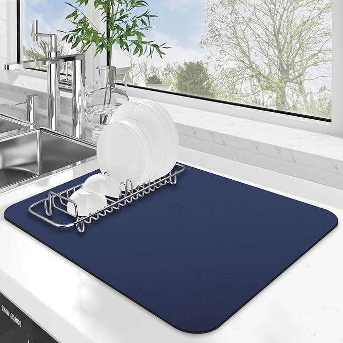 WISELIFE Dish Drying Mat Super Absorbent Drying Mat Large Dish Drying Mats for Kitchen Counter Easy Clean Dish Mat Kitchen Drying Mat15"x 18" Classic Blue