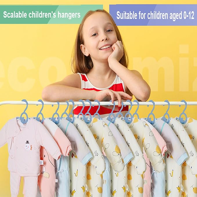HGYZE Kid Hangers for Closet 50pcs, Blue Infant Clothes Hanger 11-14" Adjustable Plastic Baby Coat Perchas with Bear Hook, Non-Slip Children Outfit Hangars for Boy Toddler Newborn Teen Clothing