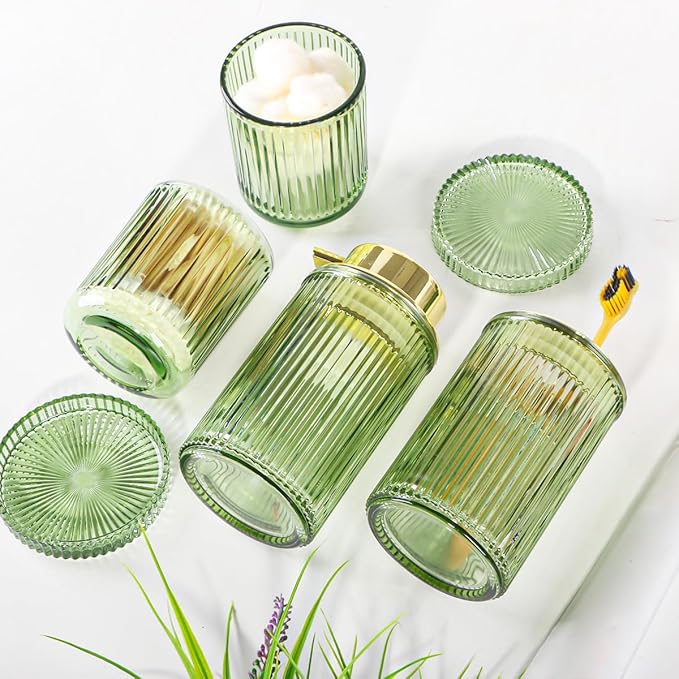 Green Glass Bathroom Accessories, 4 Pcs Bathroom Sets Complete, Foaming Soap Dispenser,Toothbrush Holder and Qtip Holder Set,Modern Ribbed Vanity Countertop Organizer for Decor