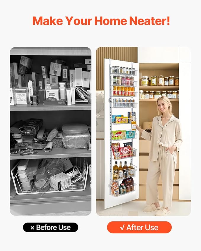 VEVOR Over the Door Pantry Organizer, 9-Tier Pantry Organization and Storage, Heavy-Duty Steel Hanging Spice Rack, Adjustable Wall Seasoning Shelves, for Home Kitchen Laundry Room Bathroom, White
