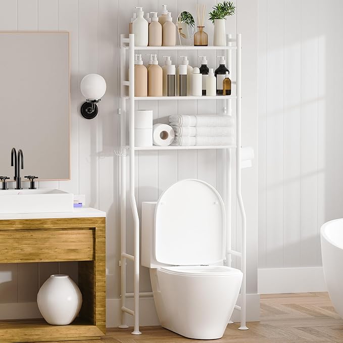 3-Tier Over The Toilet Storage, Space Saver Metal Bathroom Shelves, Freestanding Above Over Toilet Storage Shelf with 4 Hooks for Bathroom, White