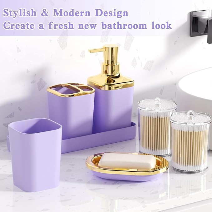 Purple Bathroom Accessories Set, Purple and Gold Bathroom Accessories with Trash Can, Soap Dispenser, Soap Dish, Toothbrush Holder and Q-tip Holders