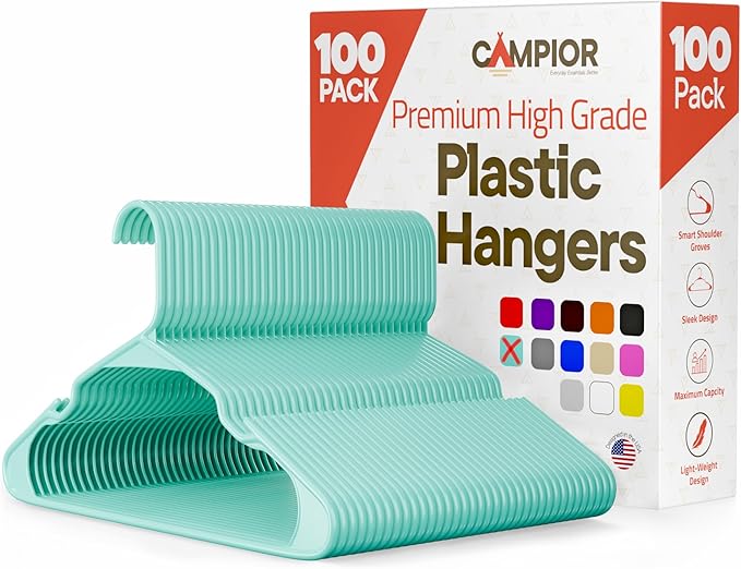 Plastic Clothes Hangers – Heavy Duty Hanger Set, for Organizing Clothes, Dresses, and Coat, Holds Up to 5 lbs, Space-Saving Hangers with Non-Slip Shoulder Grooves, Pack of 100, Aqua