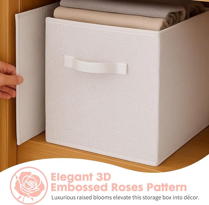 ShellKingdom Storage Bins, Foldable Fabric Storage Cubes with 3D Embossed Rose Pattern, Cloth Organizer Drawer For Closet And Toys, 10.5 X 10.5 X 11 inch, 2 Pack (White)
