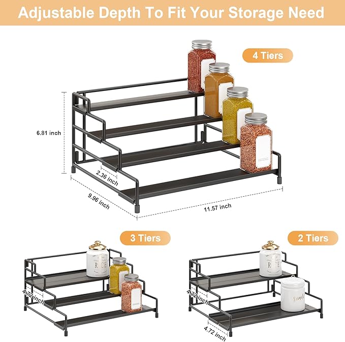 4-Tier-Spice-Rack-Organizer-for-Cabinet, Adjustable Depth Spice Holder Shelf For Countertop Pantry Cupboard, Metal Tiered Seasoning Organizer,Display Shelf Riser (Black-1 Pack)