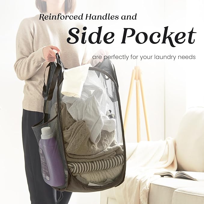 Collapsible Mesh Pop Up Laundry Hamper with Sturdy Handles and Side Pocket - Portable Foldable Clothes Baskets for Dorm, Bathroom & Travel Storage (Black)