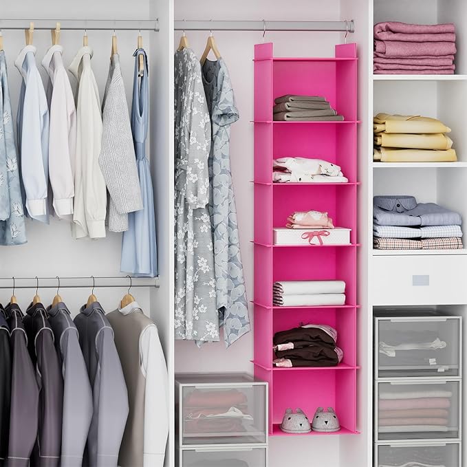 YOUDENOVA Hanging Closet Organizer, 6-Shelf Closet Hanging Shelves, Pink