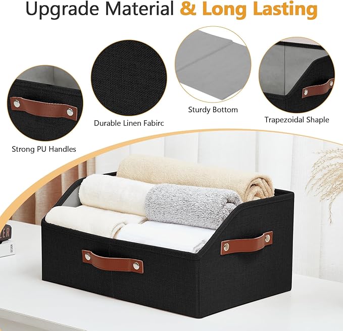 Closet Organizers and Storage, Linen Trapezoid Storage Bins with Handles, Collapsible Shelf Organizer for Blanket, Towel, Clothes, Hats, Purse (Black)