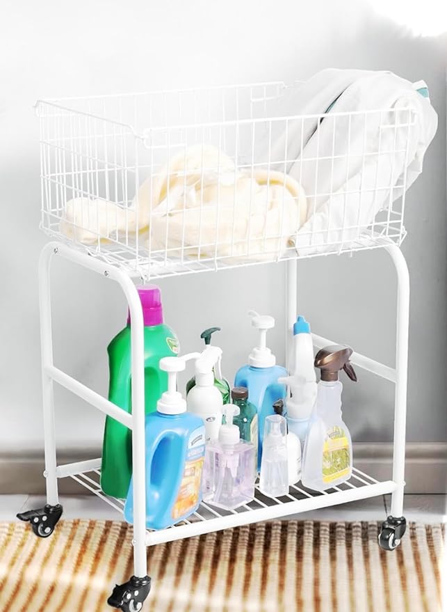 31" tall hennze one layer rolling wire laundry basket,easy moved wire laundry cart for clothes,pants laundry. children toys organization cart,metal cart with metal frame,enlarge the storage (white)