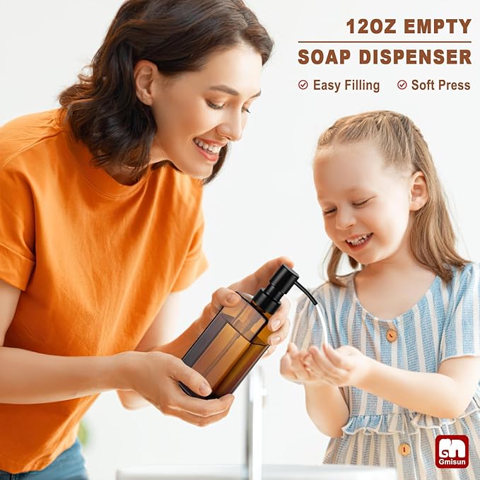 GMISUN Amber Glass Soap Dispenser, Hand Soap Dispenser with Stainless Steel Pump for Bathroom, 12 fl oz/350ml Refillable Dish Dispensers for Kitchen, Modern Liquid Lotion Bottles for Countertop