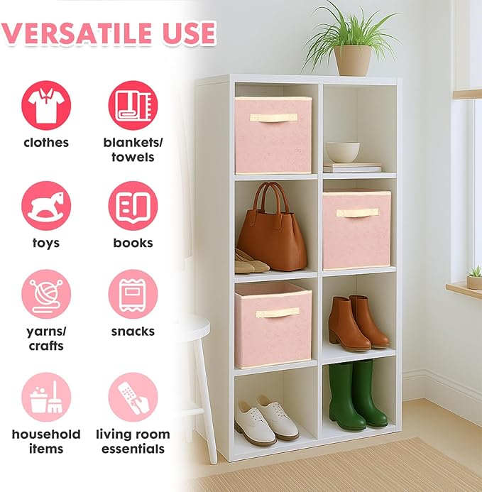 ShellKingdom Storage Bins, Foldable Fabric Storage Cubes with 3D Embossed Rose Pattern, Cloth Organizer Drawer For Closet And Toys, 10.5 X 10.5 X 11 inch, 2 Pack (Light Pink)