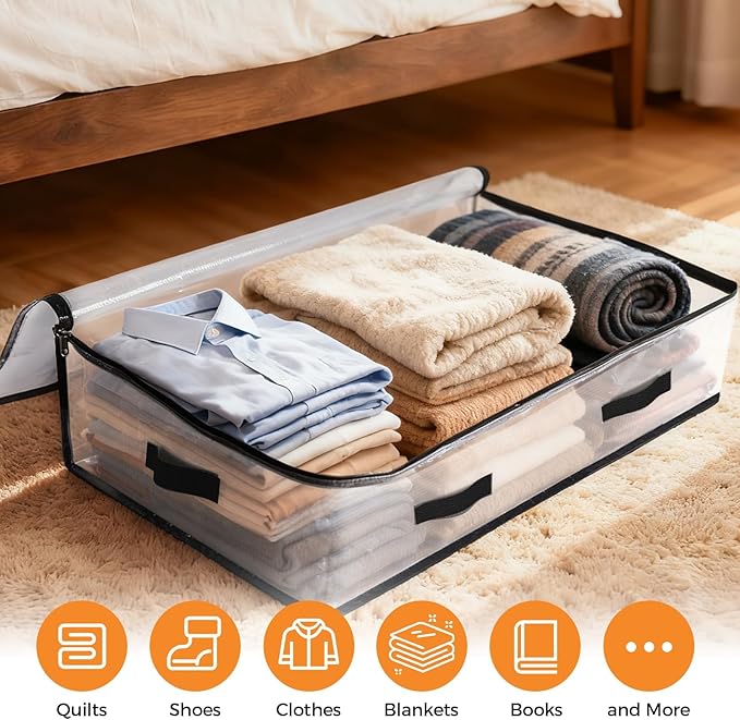 4 Pack Under Bed Storage Bags, 75L Foldable Clear Storage Containers with Handles, Dual Zippers for Comforter, Clothes, Bedding, Linen Sheets, Sweaters, Blanket Storage