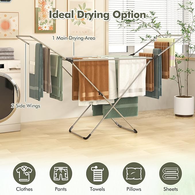 Tangkula Folding Clothes Drying Rack, Lightweight Aluminum Laundry Drying Rack w/Adjustable Wings, 20 Drying Rails, Space-Saving Laundry Hanger for Indoor & Outdoor Use, No Assembly, Silver