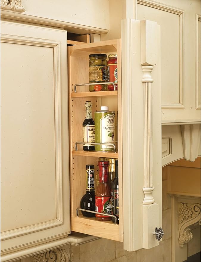 Rev-A-Shelf 6"W x 30"H Pull Out Shelf Organizer for Between Wall Kitchen Cabinets, Filler Spice Rack & Seasoning Storage Holder, Maple Wood, 432-WF-6C