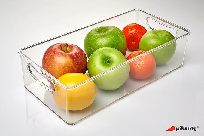 Pikanty - 11-Inch Refrigerator Organizer Bin with Handles - Clear Plastic Storage for Fridge, Pantry, or Countertop - Dishwasher Safe - Made in the USA