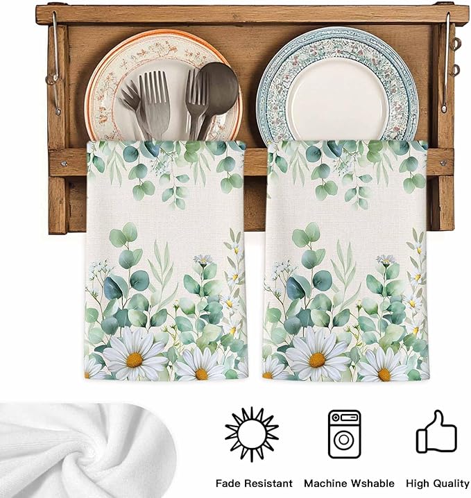 Kitchen Towels Set of 2, Green Eucalyptus Leaves Soft Microfiber Dish Towels, Daisy Summer Botanical Watercolor Absorbent Washable Dishcloths for Kitchen Cleaning, Drying Dishes, 18x28 Inches