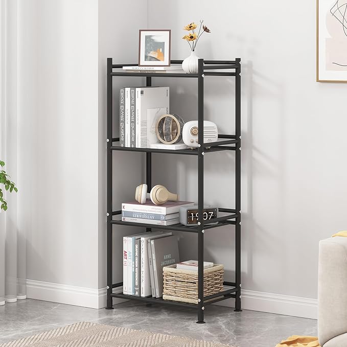 4 Tier Bathroom Storage Open Shelf Unit, Free-Standing Metal Corner Rack Shelving for Kitchen, Living Room, Hallway (Black, Wider 4 Tier)