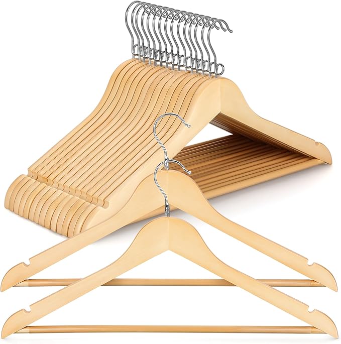 TOPIA HANGER Wooden Hangers 30 Pack, Space Saving Coat Hanger with 360° Swivel Cascading Loop Hook, Non Slip Pants Bar and Shoulder Notches for Camisole, Jacket, Suit, Clothes Hangers -CT74N30