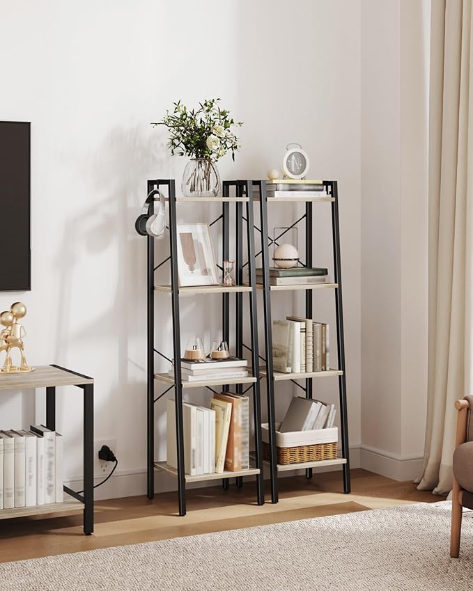 Ladder Shelf, Bookshelf Bookcase, Freestanding Corner Storage Shelve with 2 Hooks for Home Office, Living Room, Kitchen, Bedroom, Industrial, 11.8" D x 13.4" W x 47.2" H, Greige BC13205B