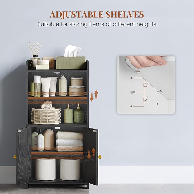 Small Bathroom Storage Cabinet, Bathroom Organizers and Storage with 2 Doors and Shelves, Floor Cabinet Freestanding with Adjustable Shelf for Small Spaces, Black 7.9" D x 14.6" W x 29.6" H