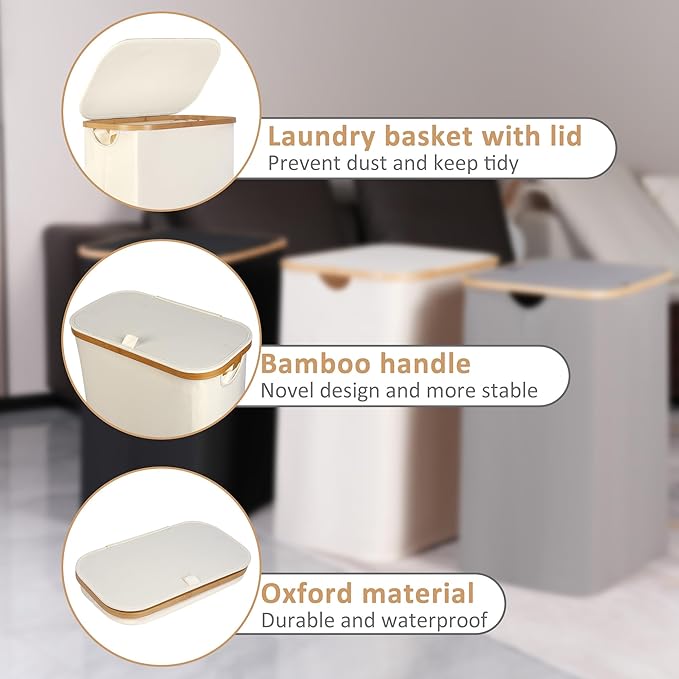 65L Slim Laundry Hamper, Narrow Laundry Basket with Lid,Foldable Clothes Hamper with Bamboo Handles,Hamper Basket with Removable Inner Bag for Laundry Room Bedroom College Dorm,17.17 Gals Beige