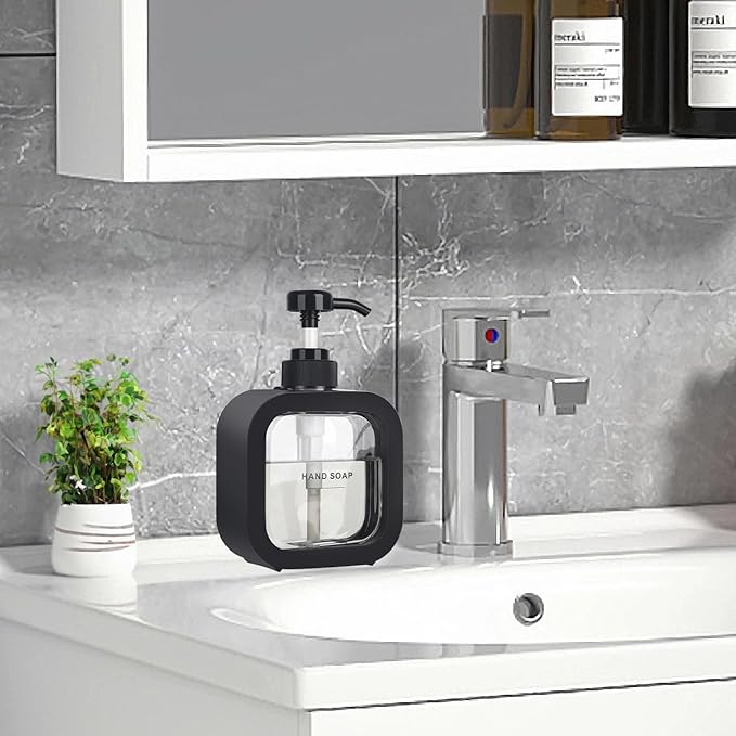 Hand & Dish Soap Dispenser - Modern Plastic Pump with Labels - Black