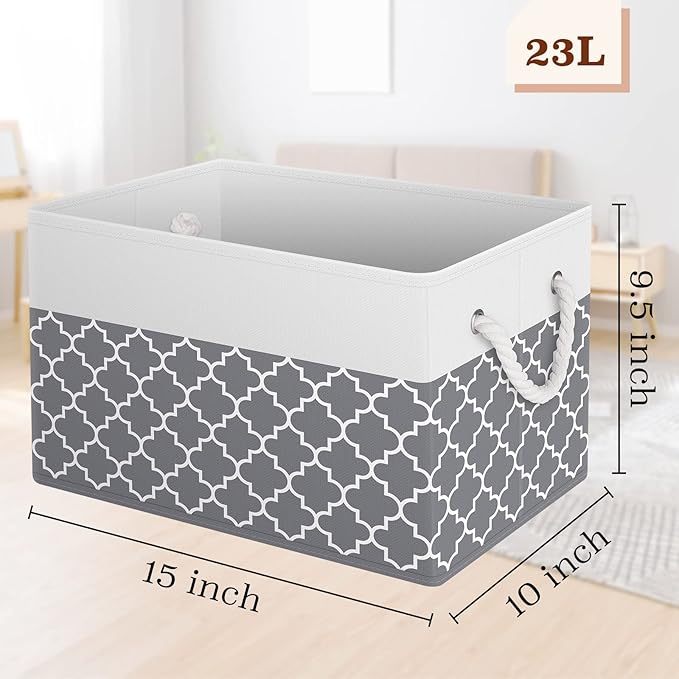 Storage Bin,Collapsible Storage Basket For Organizing,Large Storage Boxes With Rope Handles,Storage Containers,Clover Grey,6 Pack