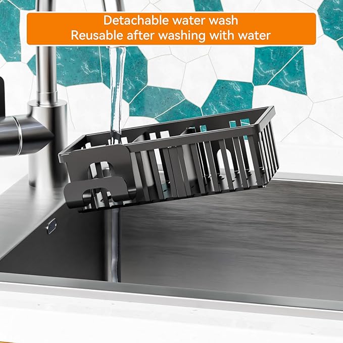Yieach Black In Sink Sponge Holder for Kitchen Sink Organizer,3-In-1 In Sink Caddy with Suction Cups,Plastic Scrub Brush and Sink Ccrub Holder,New Home Must Haves Sponge Caddy,Dish Soap Rack,Dispenser