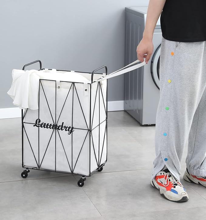 Mxfurhawa Iron Wire Laundry Hamper With Rolling Lockable Wheels, FoldinLaundry Storage Basket with Handles,Detachable Liner Collapsible Dirty Laundry Cart Sorter Clothes Basket Organizer (81-Black)